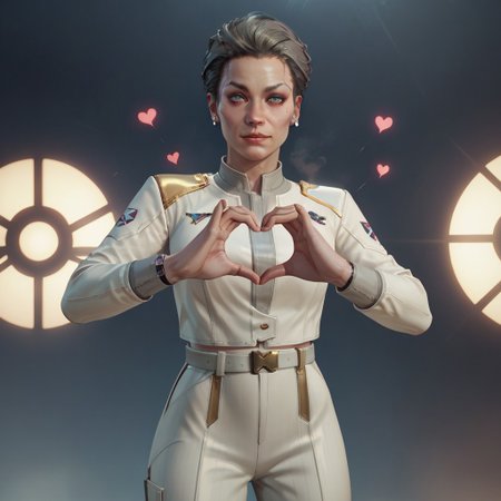 score_9_up, score_8_up, score_7_up, score_6_up, abstract,heart hands, solo, white pants, 1girl, heart, pants, black hair, short hair, uniform, belt, rosalind myers