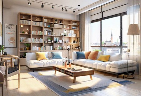 ((front view)), anime-style, modern-style interior, with white walls, (large windows), Nordic-style furniture, a  study, Sofa, coffee table, bookcase, single wall, 
warm light morning sun, (the view of the city)