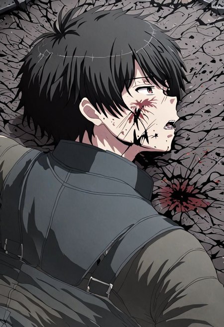 high resolution, solo, best quality, 1Boy, Inaho Kaizuka, Black Hair, fell down, revenged, conquered, dying, battered, bruised, OverallDetail