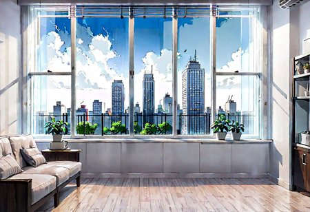 ((((front view)))), Shallow scene, ((animation style)), (((City high-rise building scenery))), ((((City scenery outside the window)))), (Facing the window), (open window), modern-style interior, Wooden floor, with white walls, (large windows), a living room, sofa and coffee table by the window sill, (Behind the sofa is the window sill), noon, clear sky, low saturation