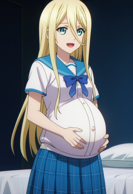 best quality, masterpiece, 4k, perfect lighting, very aesthetic, anime, anime coloring, official art, anime screencap,
OverallDetail, fFaceDetail, 
bedroom, happy, pregnant belly, hand on belly,
Avrora, blonde hair, school uniform, white shirt, long hair,
<lora:Pregnant Bump:1>