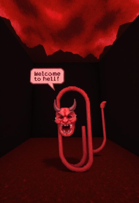 d00mstyle, clippy with a devil tail and devil horns in hell. Speech bubble: "welcome to hell!"