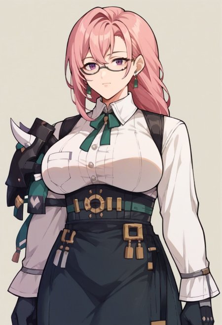score_9,score_8_up,score_7_up,score_6_up,  fe9portraits, solo, cowboy shot, simple background, 1girl, female focus Yanagi, earrings, pink hair, long hair, huge breasts, purple eyes, braided ponytail, glasses, under-rim eyewear,  white shirt, collared shirt, long sleeves, white sleeves, shoulder armor, black gloves, adjusting eyewear, hand on eyewear, black skirt, high-waist skirt,zPDXL3,