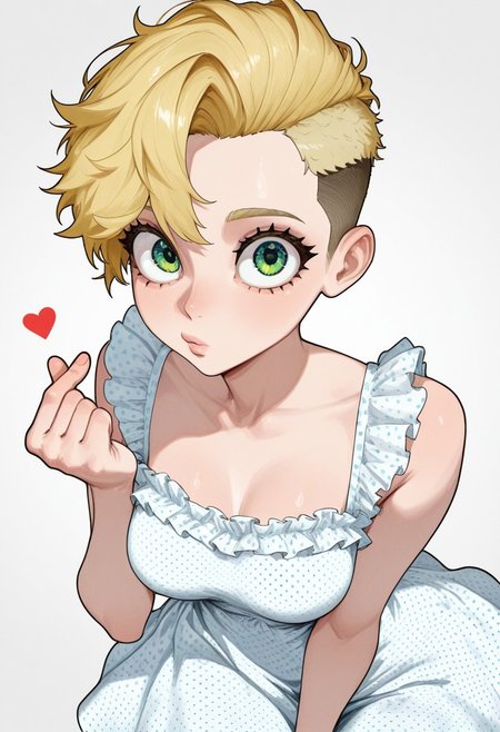 Pst,
short blonde hair, undercut,, frilled white dress, polka dot dress, green eyes, big eyes:1.2,
medium breasts,atlethic body, 
 ,solo,finger_heart gesture