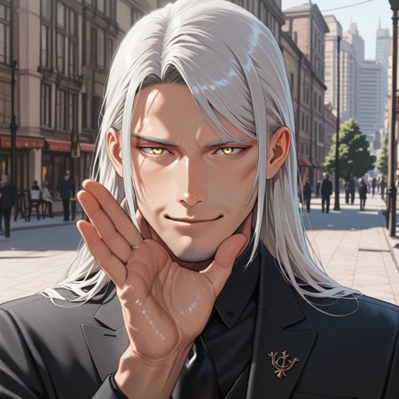 masterpiece, best quality, amazing quality, absurdres, newest, detailed background, definition so sharp, Ultra-HD, 8K cinematic, very awa, impressionate, amazing quality, highres, 
solo, male focus, manly, shadow, shiny skin, mature male, extream close-up, soft coloring,
mitsuhisahachiya, mitsuhisa_grey hair, mitsuhisa_yellow eyes, 1boy, long hair, scar across eyebrow, gentleman, understated_elegance, classic_suit, attentive_listener, observant, kind_gesture, subtle_smile, respectful, old_fashioned_charm, wise_expression, calm_demeanor, quiet_confidence, hand_in_pocket, city_stroll