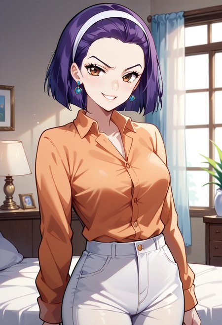 Expressiveh, score_9, score_8_up, score_7_up, source_anime, <lora:GreatM8_Style_XL_Pony_Revision:1>, greatm8 style, Tomoko Higashikata, earrings, 1girl, solo, smug, expressive eyes, brown eyes, purple hair, short hair, hair band, orange shirt, button-up shirt, white pants, perky breasts, fit body, (standing, sexy pose), (indoors, bedroom, dynamic lighting)