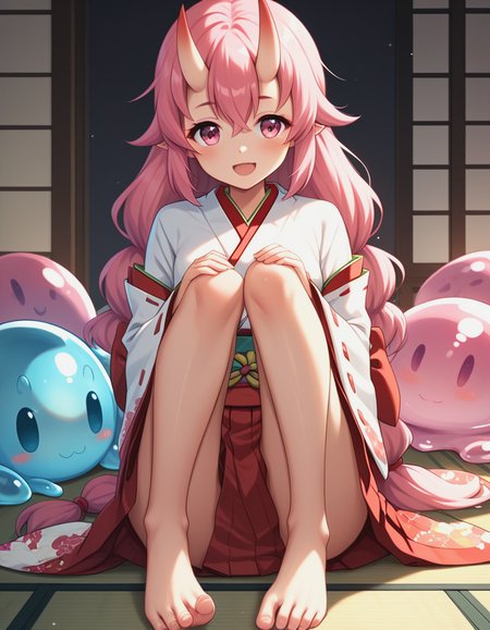 (score_9, score_8_up, score_7_up, score_6_up, score_5_up, score_4_up),1girl,1other,shuna_tensura,;d,bare_legs,barefoot,cushion,feet,futon,hair_between_eyes,hair_ornament,hakama,horns,indoors,japanese_clothes,kimono,knees_up,long_hair,long_sleeves,looking_at_viewer,low-tied_long_hair,<lora:Shuna-tensura-xl:1>,miko,one_eye_closed,oni,oni_horns,open_mouth,pink_eyes,pink_hair,red_hakama,ribbon-trimmed_sleeves,ribbon_trim,shiny_skin,shouji,sitting,sliding_doors,slime_(creature),smile,soles,toes,very_long_hair,wide_sleeves,