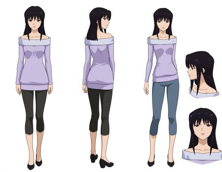 masterpiece, best quality, amazing quality, highres, absurdres, very aesthetic, high resolution, ultra detailed, perfect details,anime coloring, simple background,white background,
(model sheet),
<lora:ILL_YehlShizno_lion_e5:1> yehldr, long hair, black hair, long sleeves, dress, collarbone, off shoulder, purple eyes, lipstick, purple dress,
shirt,bare shoulders, shoes, pants, black footwear,sweater, off-shoulder shirt, capri pants, purple sweater,