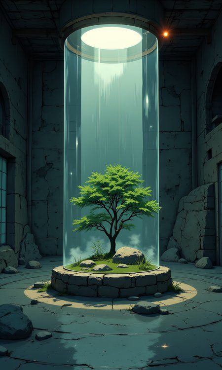 A minimalist, futuristic indoor space featuring a large cylindrical glass enclosure  as the focal point. Inside the cylinder, a small, meticulously designed natural landscape  includes a lush green tree , a smooth, rounded rock , and low-lying grass and plants . Mist gently drifts within the enclosure, creating a serene, ethereal atmosphere. The cylinder is illuminated from above with soft, diffused light , casting a warm glow that contrasts sharply with the dark, cave-like surroundings . The exterior of the cylinder is set against rough stone walls  and a low ceiling, emphasizing the isolation of the natural scene. The floor around the cylinder is smooth and polished , with subtle curved lines etched into it , guiding the viewerâs eye toward the central structure. The overall mood is tranquil, meditative, and slightly mysterious, with a focus on the interplay between light, shadow, and natural textures.
j_art, j_anime, <lora:FLUX\jul\J_Anime:1.0>