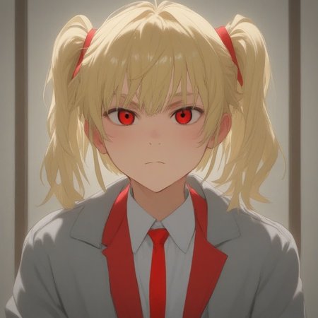 (character prompts: blonde hair, red ribbons, striped socks , red and white socks, red shoes, grey eyes, red jacket))