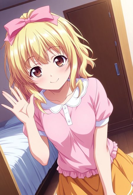 general,highres, ultra-detailed,very aesthetic,best quality ,best hands,best eyes,easynegative,
dynamic anglre, dutch angle, anime cloring,
1girl solo,looking at viewer,indoors,smile,waving hand,bedroom,
Hiyori NANASE,blonde_hair, hair bow ribbon, pink bow ribbon, small breasts, brown eyes,shirt,skirt,