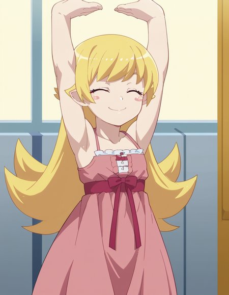 score_9, score_8_up, score_7_up, source_anime, <lora:shinobu-oshino-offmonster-ponyxl-lora-nochekaiser:1>, shinobu oshino, long hair, blonde hair, anime screencap, yellow eyes, dress, bare shoulders, pointy ears, pink dress, spaghetti strap, child, blush stickers,, railroad crossing, sign, gate, train, street, , <lora:cammy-stretch-ponyxl-lora-nochekaiser:1> cammy stretch, cammy stretch (meme), stretching, arms up, arched back, closed eyes, smile, cowboy shot,, looking at viewer, solo,, dutch angle, cowboy shot