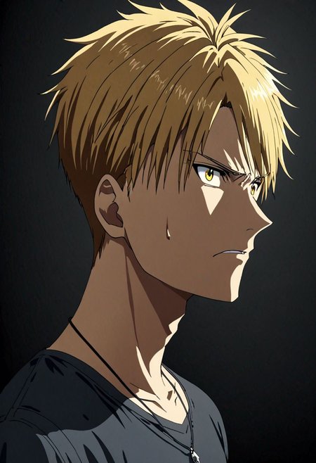 high resolution, solo, best quality, 1Boy, Yamato Ishida, Blond Hair, Necklace, potrait, dark shirt, looking at viewer, focused gaze forward, simple background, straight body, upper body, head upright, anger, OverallDetail