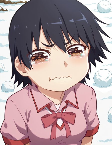 score_9, score_8_up, score_7_up, source_anime, <lora:suruga-kanbaru-offmonster-ponyxl-lora-nochekaiser:1>, suruga kanbaru, kanbaru suruga, short hair, black hair, brown eyes, medium breasts, anime screencap, skirt, school uniform, naoetsu high school uniform, pink shirt, collared shirt, purple skirt, pleated skirt, ribbon,, snow day, winter clothes, snowball fight, laughter, cold breath, white landscape, , <lora:aqua-about-to-cry-ponyxl-lora-nochekaiser:1> crying aqua, crying aqua (meme), crying, tearing up, tears, wavy mouth,, looking at viewer, solo,, dutch angle, cowboy shot