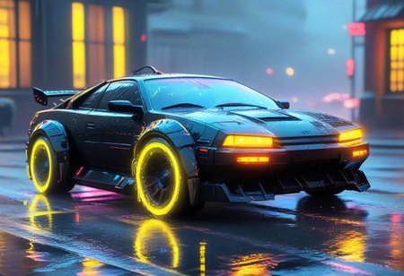 advntr, aidmamj6.1, h4v_h0l0,
sfw, rating_safe:, cyberpunk,
, Cyberpunk black car with boxy design, black windows, neon glow, riding, wet road, after rain, night, Cyberpunk city, glowing yellow paint with dragon print,