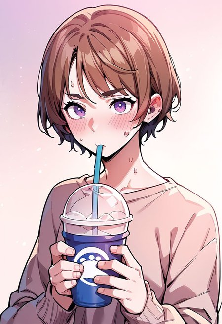score_9,score_8_up,score_7_up,score_6_up, easynegative, Magnus_PS, 1girl, brown hair, disposable cup, purple eyes, blush, short hair, holding cup, drinking straw in mouth, sweatdrop, epiCPhoto