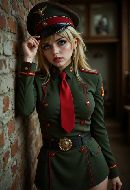 She is approximately 18 years old, petite, Full body view,dynamic angles, photoshoot poses, she has an evil smile, She has blonde hair, A photo of T@nya_TE a young woman,is dressed in a military uniform, black thigh highs, and black boots, with a hat and a tie. She is looking at the camera. The photo is in a black and white style, giving it a vintage feel. she is wearing a green jacket and a red tie, which adds a pop of color to the image. The background is blurred, focusing the viewer's attention on  her uniform. wooden floor,she is looking directly at the camera with a evil expression on her face.  The overall mood of the image is intense and dramatic,RAW candid cinema,16mm,color graded portra 400 film,remarkable color,ultra realistic,textured skin,remarkable detailed pupils,realistic dull skin noise,visible skin detail,skin fuzz,dry skin,shot with cinematic camera,detailed skin texture,(blush:0.2),(goosebumps:0.3),subsurface scattering,beautiful photograph in the style of Augustus John,Sergio Toppi,Virginia Frances Sterrett,8k HD,detailed skin texture,ultra realistic,textured skin,analog raw photo,cinematic grain,whimsical.perfection style,aidmareduxstyle, aidmafluxpro1.1