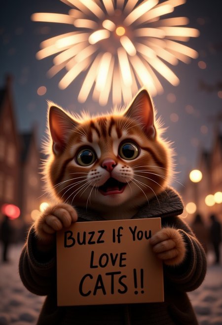 A cute cat, watching some fireworks with an over the top shocked facial expression, holding a sign  it says "Buzz If You Love Cats!", realistic, cinematic shot, head tilted back, large eyes, pointing at the viewer, winter,