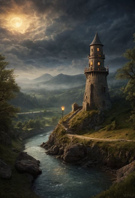 ethereal fantasy concept art of  ,  medieval lighted lookout tower in fantasy style on a hill next to a small river, dark clouds, dense fog, evening atmosphere, ((small ballisade around the tower)), guards with torches, ((flying ravens)), 
 <lora:add-detail-xl:1.4>, Ultra-HD-details, true to life, HDR image, High detail resolution, high detailed cloth, cinematic lighting, realistic, sharp focus, (very detailed), ((4K HQ)), depth of field, f/1.2, Leica, 8K HDR, High contrast, bokeh, realistic shadows, vignette, epic,, symmetric eyes, same color eyes . magnificent, celestial, ethereal, painterly, epic, majestic, magical, fantasy art, cover art, dreamy