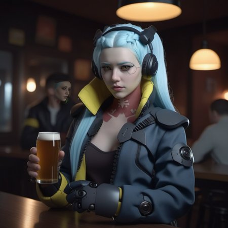 a woman with light blue skin, ligh blue hair, long pigtails,  wears a jacket, headphones, robotic big fists, having a beer in a pub with a man, highly detailed, photography, ultra sharp, film, bokeh, professional, 64k <lora:Rebecca1024:0.8>
