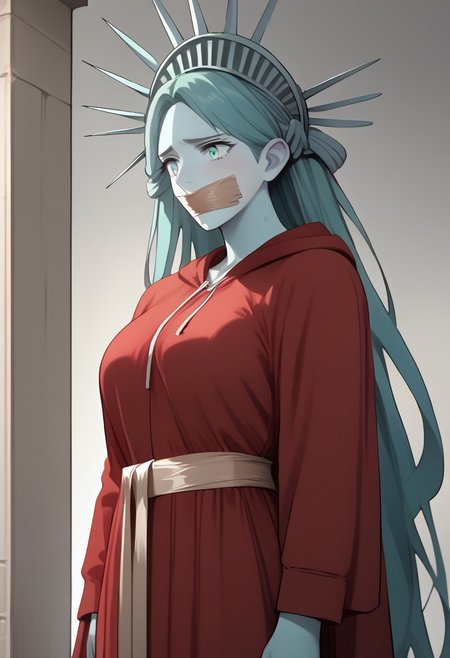 score_9, score_8_up, score_7_up, source_anime, (1girl), (solo:1.5), (Sexy, busty), (very long hair)+++,  ((personification1.2) of the Statue Of Liberty), (tape gag, duct tape), sad, (H4NDM41D:1.3), aqua eyes, aqua skin, colored skin, metallic skin, aqua hair, (red dress, red robe, long sleeves), dress, hooded robe, blue skin, thighs, large breasts, colored skin, thick thighs,