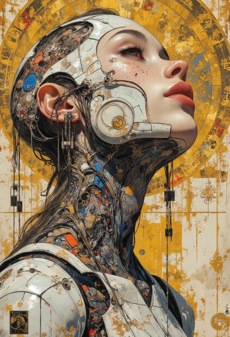 impressionist classical-style painting of a highly detailed, fantasy scene with a dramatic, robotic aesthetic. The central figure is a female robot. Her head and body are made of white, shiny and smooth metal with multi-colored, exposed wiring going down her neck creating an organic mosaic pattern. She is a biomechanical robot and there are wires jacked into her face. , WLOP, Moebius, H.R. Giger, Royo, warm colors, hyperrealism, digital illustration, demons, intricate, vapor, fantasycore, beautiful, complex, ethereal, golden ratio, holographic astral cosmic illustration mixed media by Pablo Amaringo