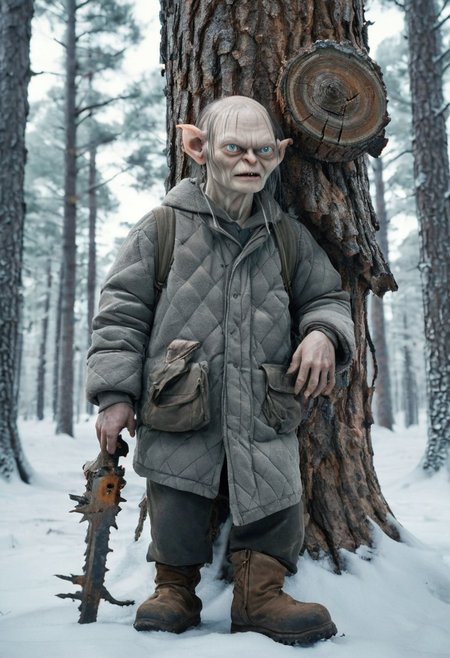 Gollum from "The Lord of the Rings", a small, thin creature with a large bald head and elongated ears. He is dressed in a gray quilted jacket, a fur hat with earflaps and felt boots. In his hands, the creature holds an old chainsaw, from which comes thick exhaust. The action takes place in a snowy pine forest of Siberia, against the backdrop of snowdrifts and a frosty winter sky. A huge pine trunk, covered in frost, cracks under the pressure of the saw. The Lord of the Rings style