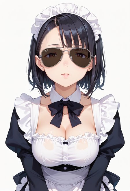 score_9, score_8_up, score_7_up, rating_safe, masterpiece, best quality, absurdres, unity 8k wallpaper, official art, official style, source_anime, uncensored, game cg, megami magazine,
1girl, solo, black hair, medium hair, upper body, maid, maid headdress, black dress, maid apron,
sg-AVIATOR, sunglasses, dark-tinted eyewear, covered eyes, white background, simple background, grey-framed eyewear
 <lora:glasses_aviator_PONY_V2:1>