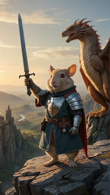 A medieval knight in shining armor, holding a sword aloft, standing on a cliff overlooking a vast kingdom at dawn, with a dragon flying in the background A mad scientist hamster in a tiny lab coat, conducting bizarre experiments with miniature beakers and test tubes in a secret lab hidden inside a hamster wheel
Ultra realistic, professional photo, uhd, 8k
<lora:add-detail-xl:1>
<lora:CinematicStyle_v1:0.7>
OverallDetailXL
