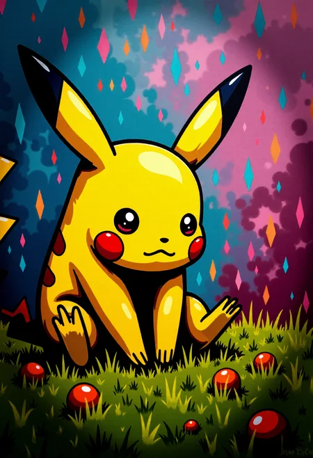 <lora:Graffiti_Characters2_FLUX-000011 (1):0.9>
This is a vibrant, stylized digital drawing set against a dramatic, abstract background, of a  pikachu sitting down looking sad in a rainy field