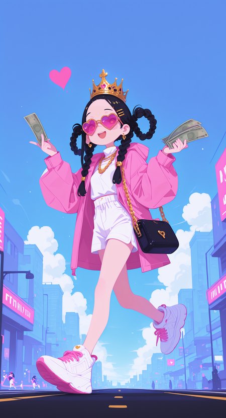 masterpiece, best quality, good quality, newest, highres, absurdres, 1girl, solo, long hair, smile, open mouth, shirt, black hair, long sleeves, hair ornament, holding, jewelry, jacket, white shirt, braid, heart, outdoors, earrings, open clothes, sky, shorts, shoes, day, hairclip, cloud, hood, necklace, bag, chibi, coat, blue sky, twin braids, chain, white footwear, sunglasses, crown, sneakers, building, forehead, hair rings, white shorts, running, handbag, city, pink jacket, holding bag, road, street, money, heart-shaped eyewear, braided hair rings, chain necklace, gold chain, pink coat, banknote, pink-tinted eyewear, holding money, xxx667_illu, glowing, tfaix, haiz_ai, no lineart,no outline, <lora:illustriousXL_stabilizer_v1.23:0.3> <lora:NOOB_vp1_detailer_by_volnovik_v1:0.3> <lora:ponyv6_noobE11_2_adamW-000017:0.3> <lora:XXX667:0.7> <lora:checkpoint-e18_s306:1.25> <lora:tenebriflora-wai:0.5> <lora:haiz_ai_illu:0.7>