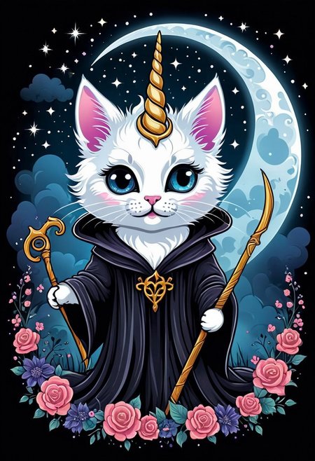 Let's craft a striking and unique t-shirt design featuring a unicorn kitten donning an eerie reaper costume, blending cuteness with a touch of mystique. Envision a fluffy, adorable kitten with a shimmering unicorn horn protruding from its forehead, embodying a sense of innocence and wonder. The kitten is cloaked in a flowing, dark robe reminiscent of the iconic reaper's attire, adorned with intricate, ethereal designs that catch the light in subtle, eerie ways. Its eyes gleam with a hint of otherworldly wisdom, contrasting with its playful, feline features. Tiny, delicate reaper's scythe motifs adorn the robe, adding a sinister yet charming element to the design. The background sets a haunting yet enchanting scene, with a moonlit sky swirling with mystical clouds and twinkling stars, casting an atmospheric glow. This captivating blend of cute and ominous elements creates a captivating t-shirt design that is sure to turn heads and spark intrigue.
