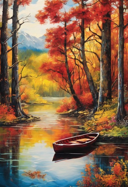 cinematic 16k resolution masterpiece illustration painting consisting of oil, watercolors and ink :: forest rowboat lake spring flowers trees : frisco watercolors and oil sky multi-colored bright large sun cloudscape :: vibrant rustic red, orange and yellow palette :: intricate motifs perfect composition insanely-detailed extreme-detailed hyper-detailed volumetric deep rich colors volumetric lighting shadows Ray tracing, abstract art complementary colors fine details<lora:xl_more_art-full_v1:0.3>