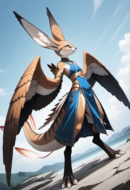1person, Palagiri, anthro, feline features, feline nose, large ears, ((winged arms)), large wings, arms lowered, digitigrade legs, long tail, tapering tail, feather-tipped tail,
Dutch angle, 
Source: anime, score: 9, score: 8up,