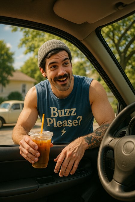 A humorous, photorealistic scene captured from the interior of a car, looking upward toward a rugged, charismatic man in his early 30s leaning into the open driver-side window. He wears a heather gray knit beanie and a royal blue sleeveless T-shirt that reads “Buzz Please?” with a small outline of a lightning bolt printed beneath it. His muscular arms are visible, one resting on the car door while the other hand reaches inside holding an iced coffee with a bright orange straw, typical of Dunkin’. His facial expression is intense and animated, mid-explanation, as if giving fast, confusing directions. A detailed tattoo sleeve featuring bold black and orange ink covers his right arm. Behind him, a silver car and white house are visible, with leafy green branches arching from the top right corner. The lighting is natural, bright daylight, casting soft shadows and highlights on his face and arm.