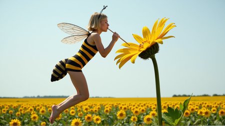 cinematic photo a (25 year old girl:1.5), she has huge bee wings attached to her back and bee antennae attached to her head, she's wearing a( black and yellow:1.2) horizontally striped figure hugging lycra minidress, the dress has a human sized (fuzzy bee abdomen attached sticking out at the butt:1.3)
she has blonde hair in a bob cut, she has a slim figure and long legs, she has medium sized breasts
she's hovering in midair in front of a enormous flower, the flower is bigger than the girl, ready to drink it's nectar through a long straw, the straw is held in her hand with the end (stuck into the flower:1.3)
she's in a meadow of enormous wild flowers,, score_9, score_8_up, score_7_up, hyperdetailed, hyperrealistic,  best quality, (masterpiece:1.3),high-definition, intricate details, volumetric lighting, symmetrical face, level eyes, . 35mm photograph, film, bokeh, professional, 4k, highly detailed