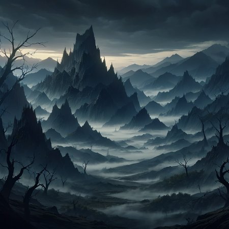 masterpiece,high resolution,detailed,
gothicstyle, scenery, tree, outdoors, mountain, no humans, cloud, sky, fog, cloudy sky, bare tree, landscape, nature
, <lora:Ghotic_haunted_world:0.8>