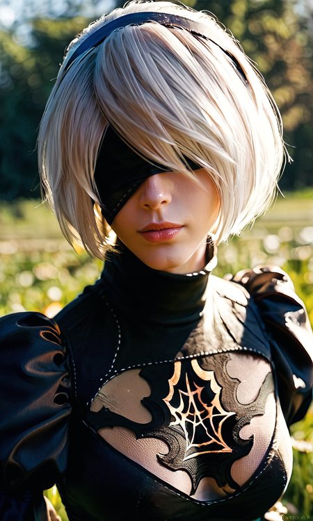 score_9, score_8_up, score_7_up, BREAK, zy_2b, 1girl, short hair, white hair, yorha no. 2 type b, blindfold, nature, field, portrait, realistic, photo, real hair, detailed skin, highly detailed, detailed skin, depth of field, film grain, <lora:zy_2B_PonyRealism_v1:.7>