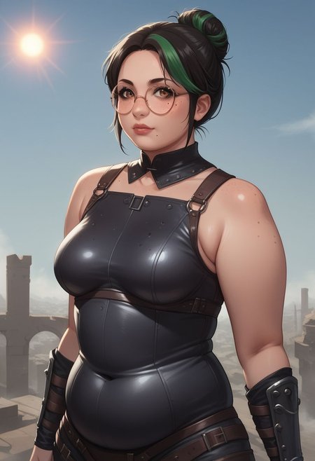 A ((medium shot)) of a fierce warrior woman named Mixxxed standing defiantly in a ((post-apocalyptic cityscape)), with scattered ruins and a ((red sun)) setting behind her. She's clad in leather armor, a ((serrated blade)) at her hip, eyes glinting with a story of survival, score_9, source_anime, rating_safe, break  mixxxed, mixxxedhair, glasses, round glasses