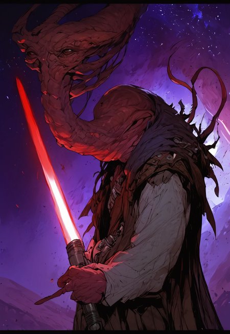 score_9, score_8_up, score_7_up, BREAK,
ithorian hammerhead alien on a space station, window showing stars and wormhole, dramatic lights, (((holding red lightsaber)))
