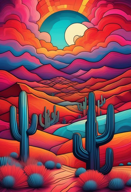 Rolling desert landscapes of the American Southwest in a vibrant psychedelic style, with bold, surreal colors separated by sharp black lines, creating a stained-glass effect. Towering red rock formations and mesas in the distance, stylized with vivid hues of orange, pink, and turquoise. Sparse desert vegetation like cacti and sagebrush rendered in exaggerated, kaleidoscopic patterns. A small pueblo-style village nestled in the valley, its adobe structures glowing with warm, earthy tones. The sun setting in a fragmented, geometric sky, casting a dreamlike glow over the scene. Highly detailed, surreal composition, inspired by psychedelic art and Southwestern aesthetics, 8K resolution, vivid and trippy yet harmonious color palette, a mesmerizing and otherworldly mood.