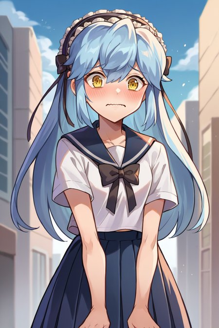 score_9, wisespeak, score_7_up, score_6_up, source_anime, 1girl, solo,  <lora:xfkatrina-pdxl-nvwls-v1-000005:1> xfKatrina, blue hair, yellow eyes, long hair, hairband, white t-shirt, sailor collar, bowtie, pleated skirt, blush, wavy mouth, city, blue sky
