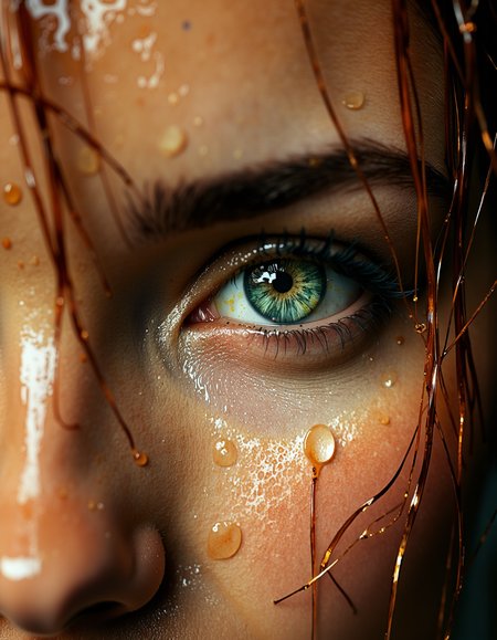 a hyper-realistic, extreme close-up of a beautiful woman's face, focusing on the intense detail of their bright green eye with beautiful long eyelashed with detailed eyeliner. The intricate eye should have vivid, emerald tones with flecks of gold around the iris, capturing light in a way that draws immediate attention. The skin is wet, covered in water droplets that reflect light and enhance the natural texture. Strands of wet, reddish-brown hair cling to the face, adding depth and framing the eye. The overall color palette is warm, with subtle contrasts that emphasize the eyeâs vibrancy against the softer tones of the skin. The expression should convey a sense of intensity and introspection, as if the person has been caught in the rain or is emerging from water. Use a shallow depth of field to blur the background and keep the focus entirely on the face, capturing every minute detail of the skin, hair, and eye to evoke a sense of immediacy and emotional depth.