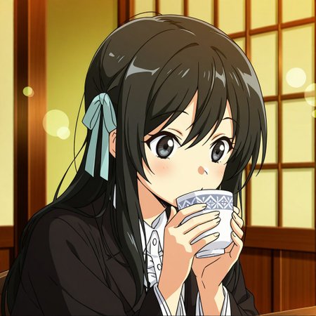 1girl, 
<lora:shinjidai_V3:1>
(anime screenshot,anime screencap,:1.2)
1girl, sipping tea, traditional tea house, kimono, solo, peaceful, serene, early morning,safe,general,
(depth of field, bokeh, solo focus, :0.9)
<lora:dmd2_sdxl_4step_lora_fp16:1> 
<lora:eigatore_V2:0.75> eigatore, black hair, ribbon, hair ribbon,black hair,black jacket, long sleeves, shirt, collared shirt, white shirt, frills,ribbon, hair ribbon,black hair,,, masterpiece, best quality, very aesthetic, absurdres, newest ,