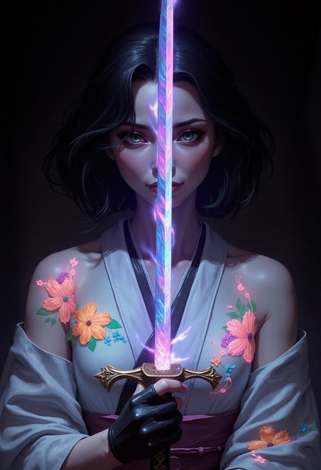 A young woman with shoulder-length wavy black hair is shown from the torso up, holding a glowing katana in front of her. She is wearing a traditional kimono that is white with iridescent, vibrant floral patterns in shades of pink, orange, blue, and green. The katana has a glowing, rainbow-colored blade, with the hilt held firmly in both her hands. Her right hand, visible and ungloved, grips the handle near the bottom, while her left hand, wearing a black glove, is placed near the guard. Her expression is calm, her gaze lowered. The kimono drapes softly over her form, and colorful, ethereal flowers seem to emerge from the fabric. The background is dark and minimal, which contrasts sharply with the vibrant light coming from the sword and the glowing floral patterns on her clothing. The lighting emphasizes the soft glow of the sword and flowers, creating a magical, serene atmosphere. The perspective is a close-up shot focusing on the upper half of her body, highlighting the intricate details of her kimono and the vibrant, colorful light effects.    <lora:dark_fantasy_flux:0.83> <lora:FredFraiStyle-FLUX-Share:0.63> <lora:sxz-Dark-Fantasy-v2-Flux:0.33> drkfnts style,