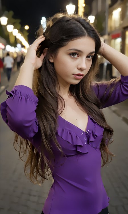 front view, upper body view, mkpotail, slim girl, purple ruffle blouse , long dark hair,  in nightly shopping street <lora:MakePonytail:1.2>