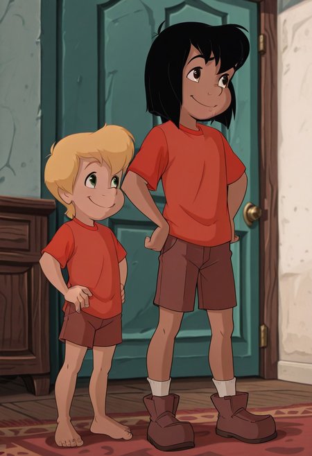 score_9, score_8_up, depth of field, masterpiece, best quality, amazing quality, very aesthetic, absurdres, newest, very awa, shadow, fullbody, full body shot, full body portrait, official artstyle, cartoon style, cute, from below, smile, barefoot, standing, hands on hips, big smile, heroic pose, animated style, Disney style
BREAK
2boys, duo, side by side, two different boys, looking at each other, 
(1boy, MowgliTheJungleBook, 1boy, brown skin, brown eyes, black eyebrows, medium-length black hair, shorts, shirt, , slim, barefoot:1.4), size difference, age difference, 
(CodyTheRescuersDownUnder, male, human, young, blonde hair, short hair, green eyes, short, red shirt, short sleeves, belt, buckle, brown shorts, white socks, brown boots,,:1.4)