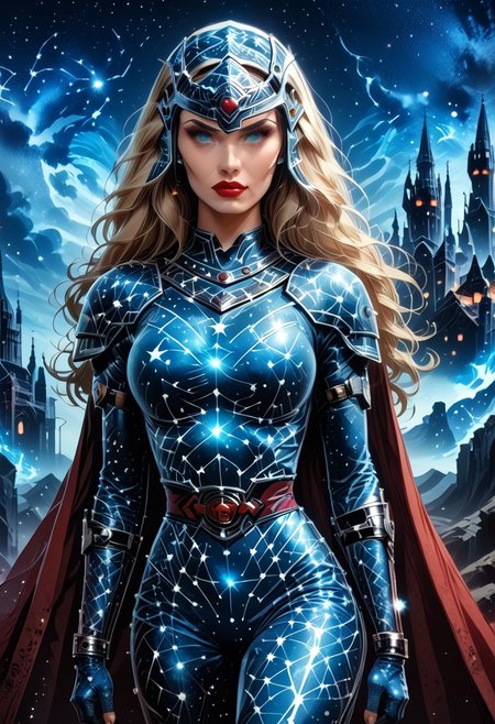 starry_morph, MILF, 32 years old, blonde hair, black leather vampire cape, sloppy wavy hair, sexy red boots, revealing outfit, red lips, mascara, eyelashes, hourglass figure, strong, big blue eyes, seductive, mature female, m1lfm3t3r, anezaki mamori, masterpiece, highest quality, realistic skin texture:1.5, high, tear shaped boobs, drow ranger, drow ranger \(dota2\), Masterpiece, 32k, photorealistic:1.4, score_9, score_8_up, score_7_up, huge boobs, small waist, wide hips, high cheekbones, oval face, slim waist, wide hips, thick thighs, full hips, DARK SIDE \(PICTURE BOOK\), NO FACE, colorful background, vivid colors, volumetric light, cinematic light, extremely detailed, bgbrda, top, bodysuit, helmet, armlet, bracelet, gloves, chainmail, skirt, boots, holding weapon, holding rod.