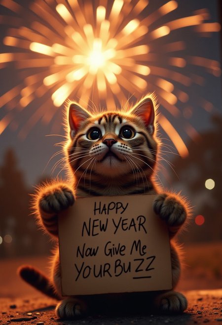 A cute cat, watching some fireworks with an over the top shocked facial expression, holding a sign  it says "Happy New Year Now Give Me Your Buzz!", realistic, cinematic shot, head tilted back, large eyes, pointing at the viewer,