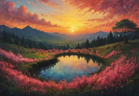 a valley of blossoming trees, beautiful sunset, tiny pond in the center, view from above, Volumetric lighting, Dreamyvibes Artstyle